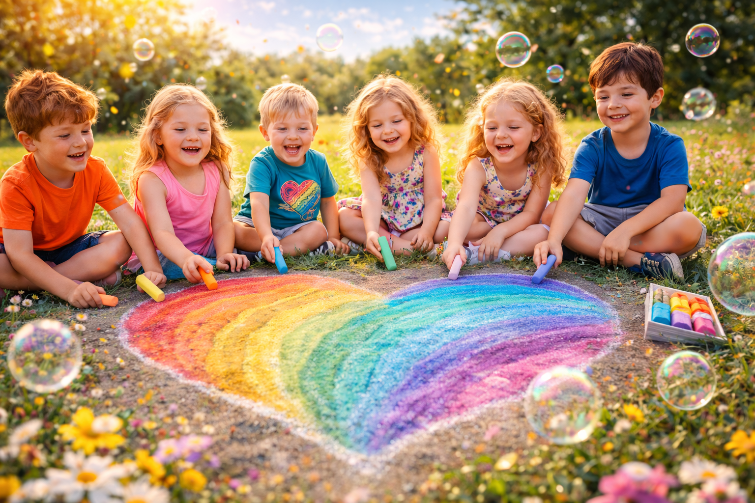 Dzieci rysujące kredą tęczowe serce na asfalcie